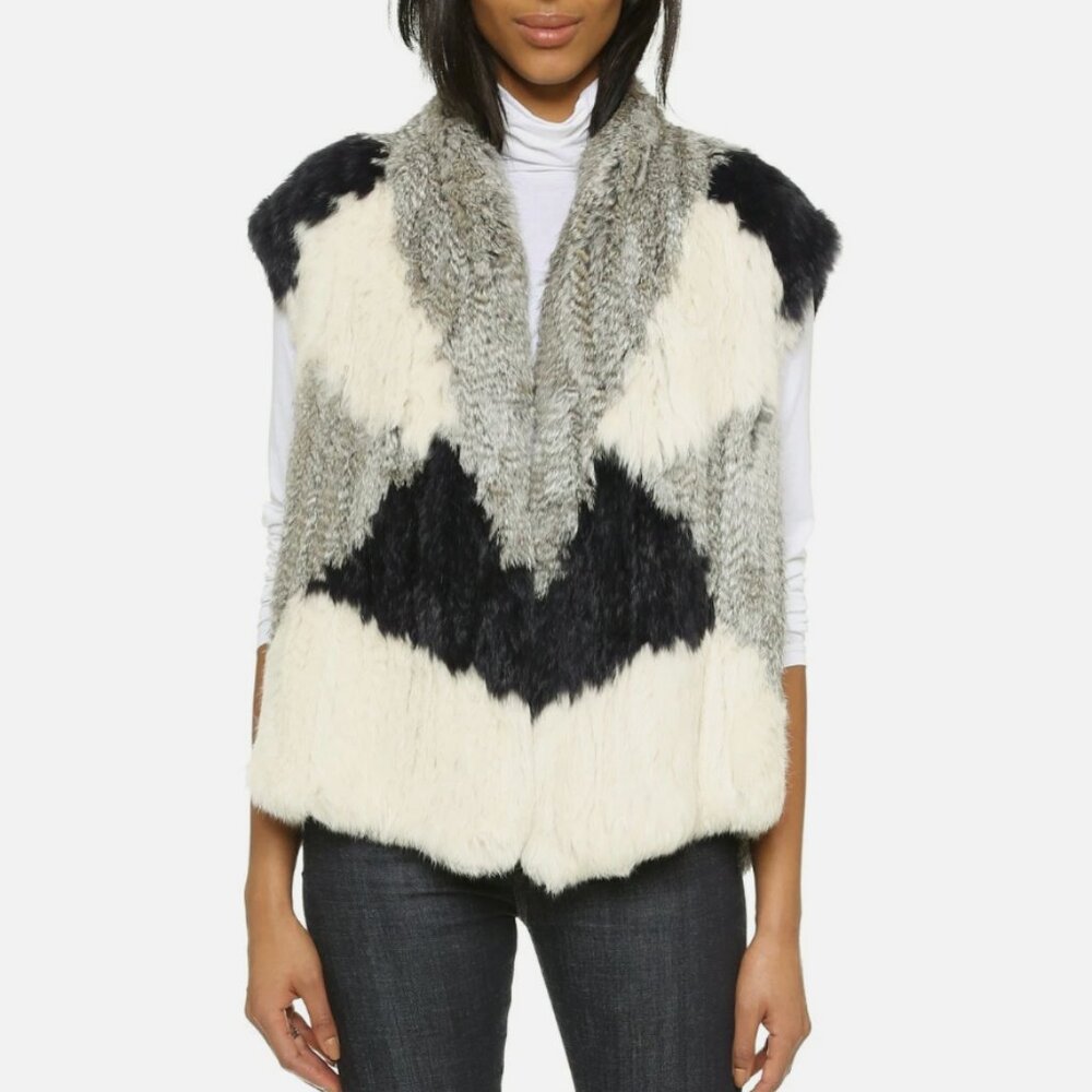 Vince Black White Gray Faux Fur Chevron Vest